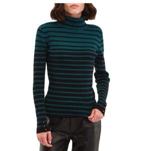 Elie Tahari Rib Knit Deep Teal/Black Striped Turtleneck Sweater NWT Size XS